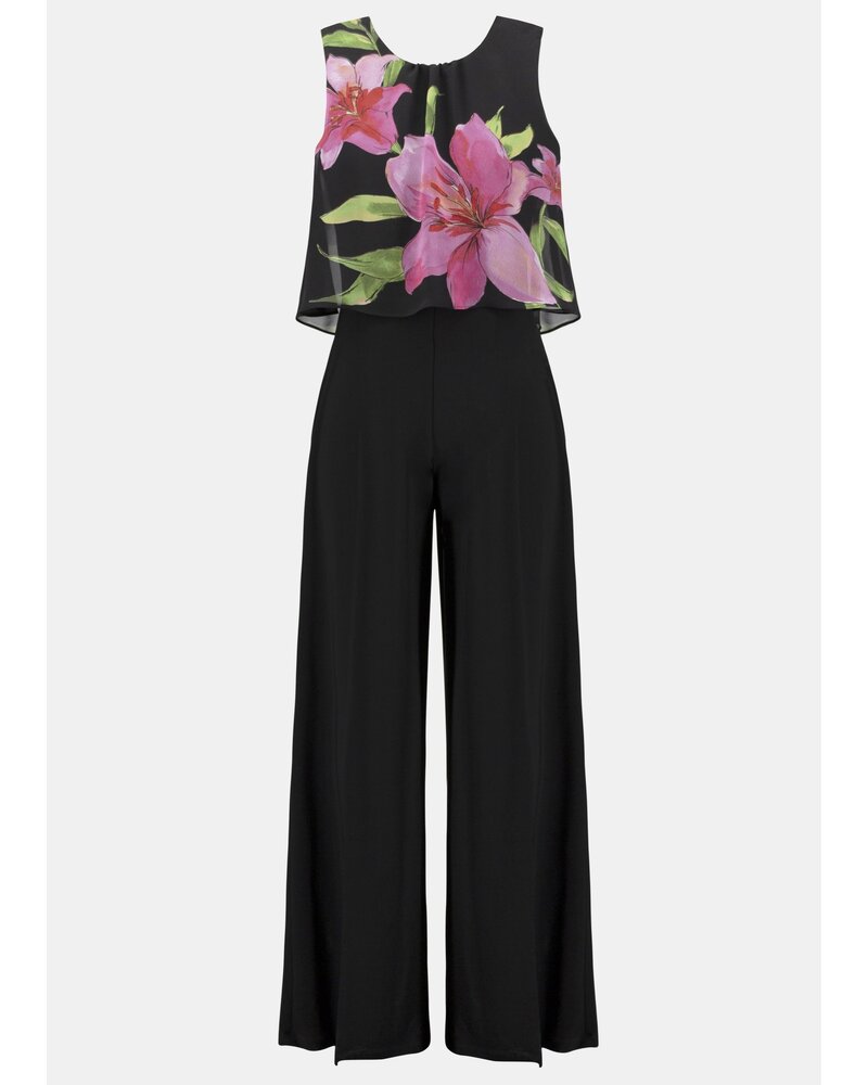 JOSEPH RIBKOFF Silky Knit and Floral Chiffon Wide Leg Jumpsuit