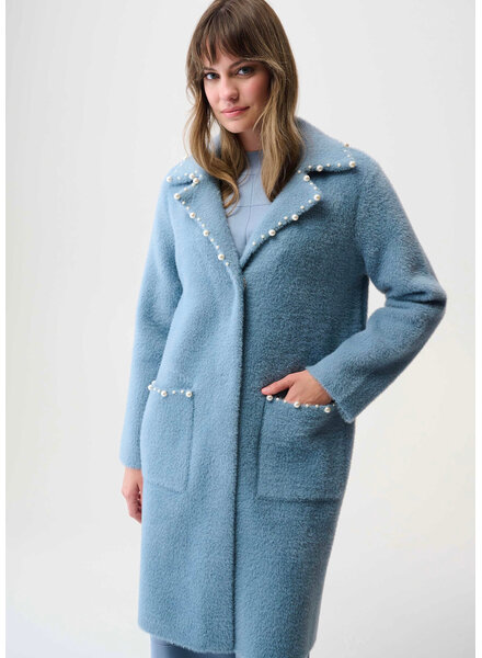 JOSEPH RIBKOFF Feather Yarn Sweater Coat with Pearl Trim