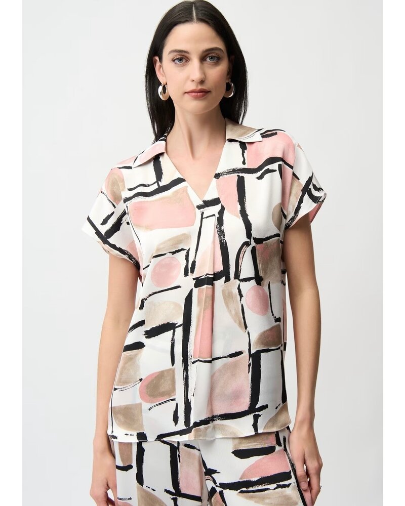JOSEPH RIBKOFF Satin Abstract Print Boxy V-Neck Top