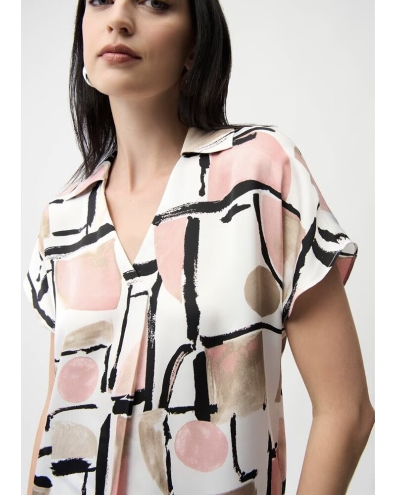 JOSEPH RIBKOFF Satin Abstract Print Boxy V-Neck Top
