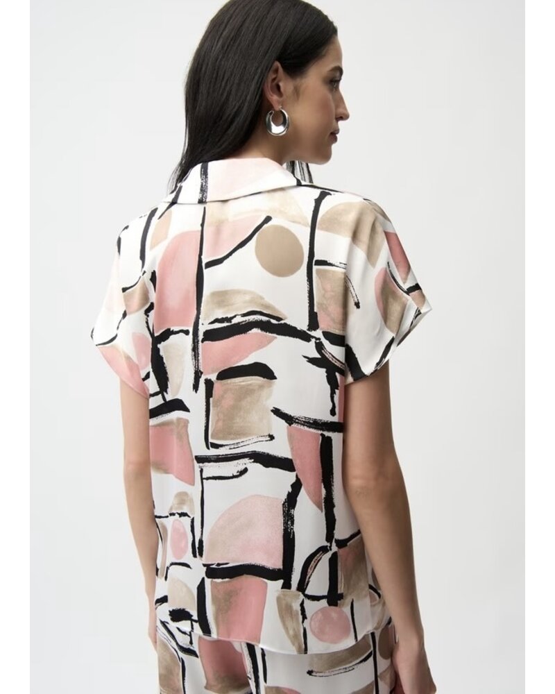 JOSEPH RIBKOFF Satin Abstract Print Boxy V-Neck Top