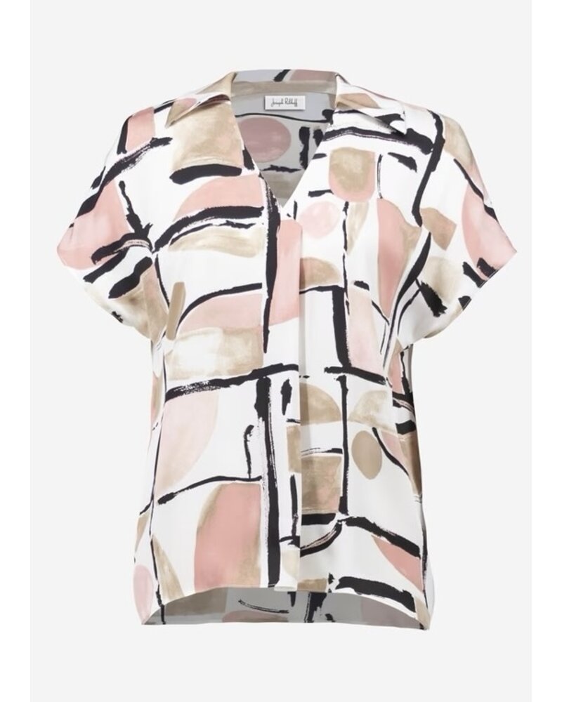 JOSEPH RIBKOFF Satin Abstract Print Boxy V-Neck Top