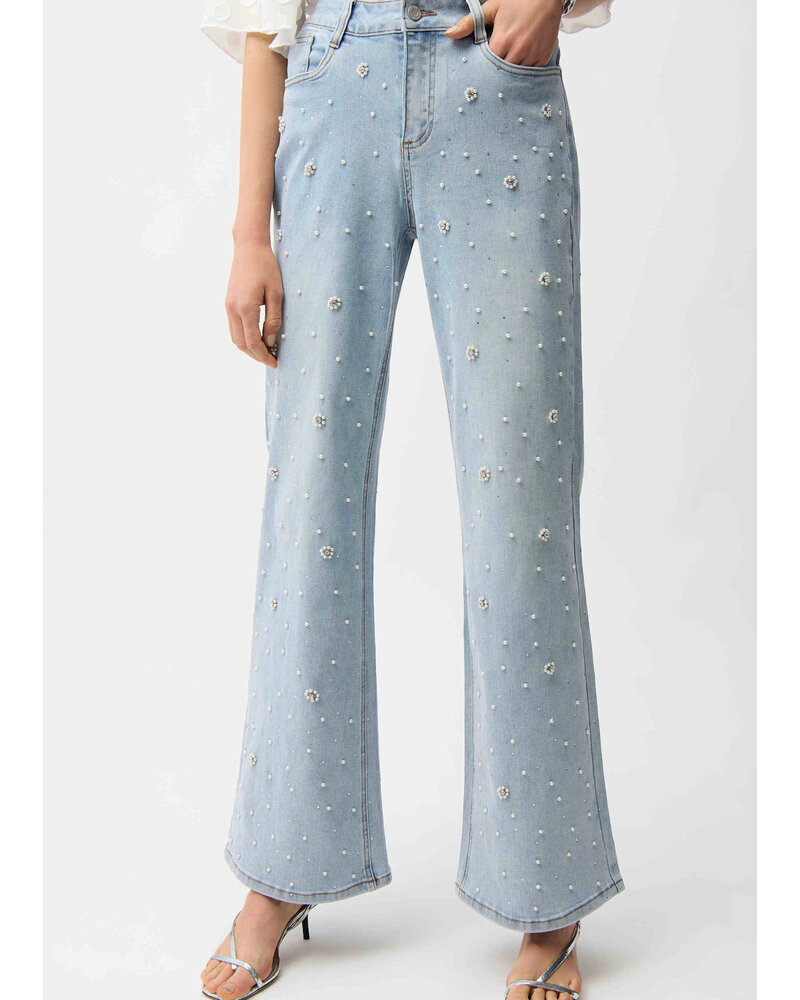 JOSEPH RIBKOFF Wide Leg Jeans With Pearl and Rhinestones