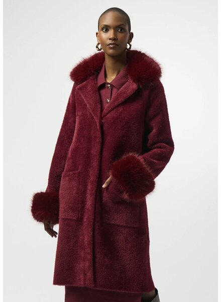 JOSEPH RIBKOFF Feather Yarn Faux Fur Trim Sweater Coat