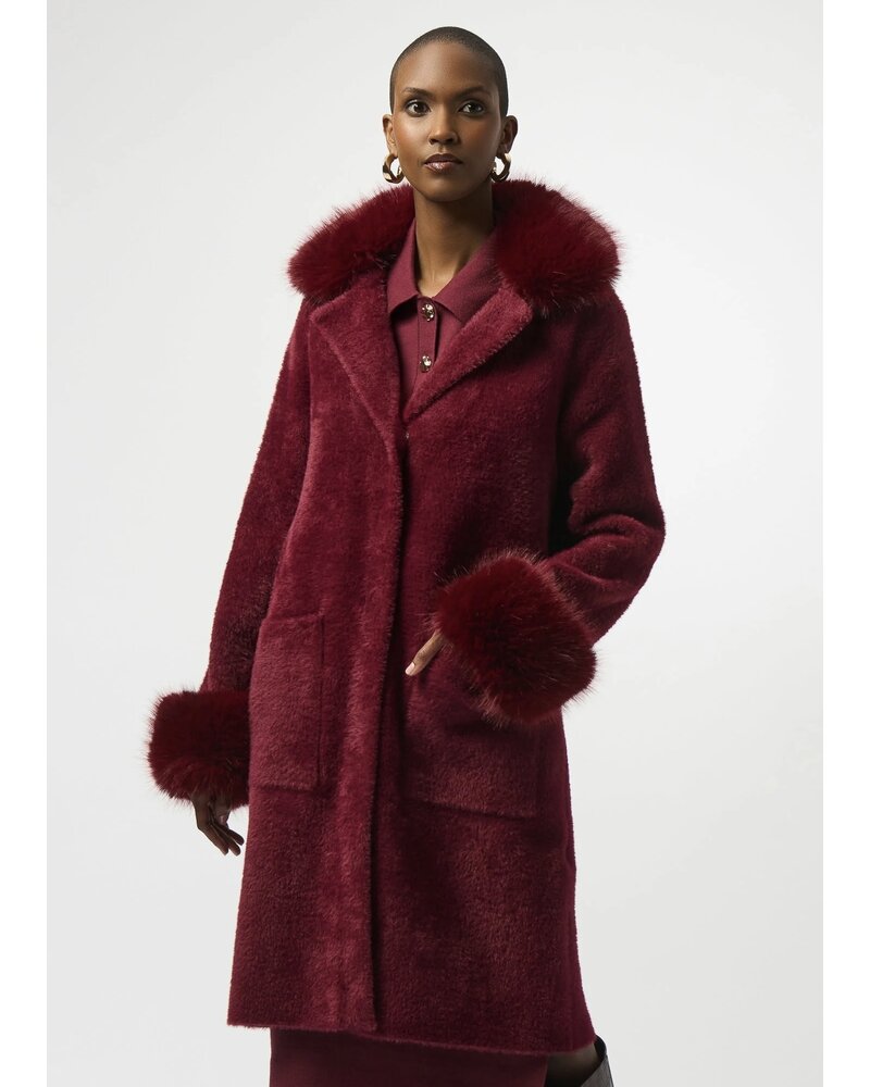 JOSEPH RIBKOFF Feather Yarn Faux Fur Trim Sweater Coat