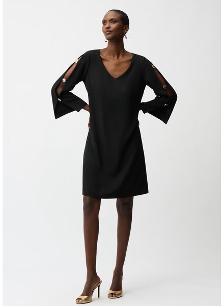 JOSEPH RIBKOFF Woven Twill Trapeze Dress With Gold Trimmed Slit Sleeves
