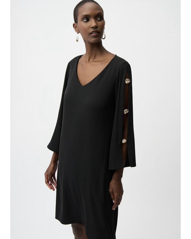 JOSEPH RIBKOFF Woven Twill Trapeze Dress With Gold Trimmed Slit Sleeves