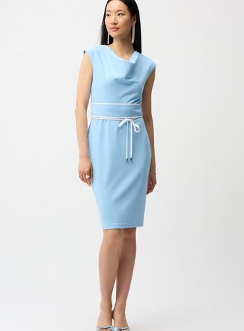 JOSEPH RIBKOFF Scuba Crepe Sheath Dress With Cowl Neck and Belted Waist