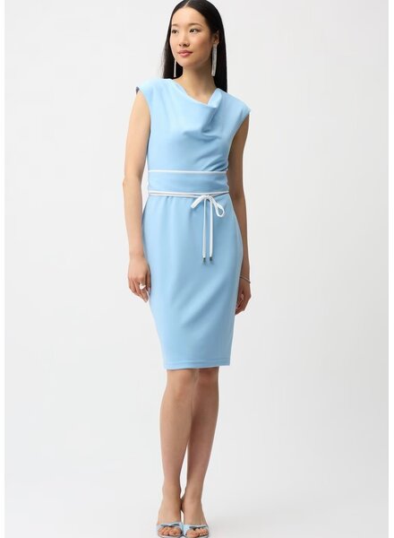 JOSEPH RIBKOFF Scuba Crepe Sheath Dress With Cowl Neck and Belted Waist