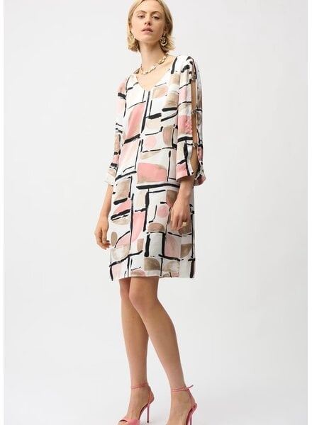 JOSEPH RIBKOFF Satin Abstract Print Trapeze Dress w/Gold Detail