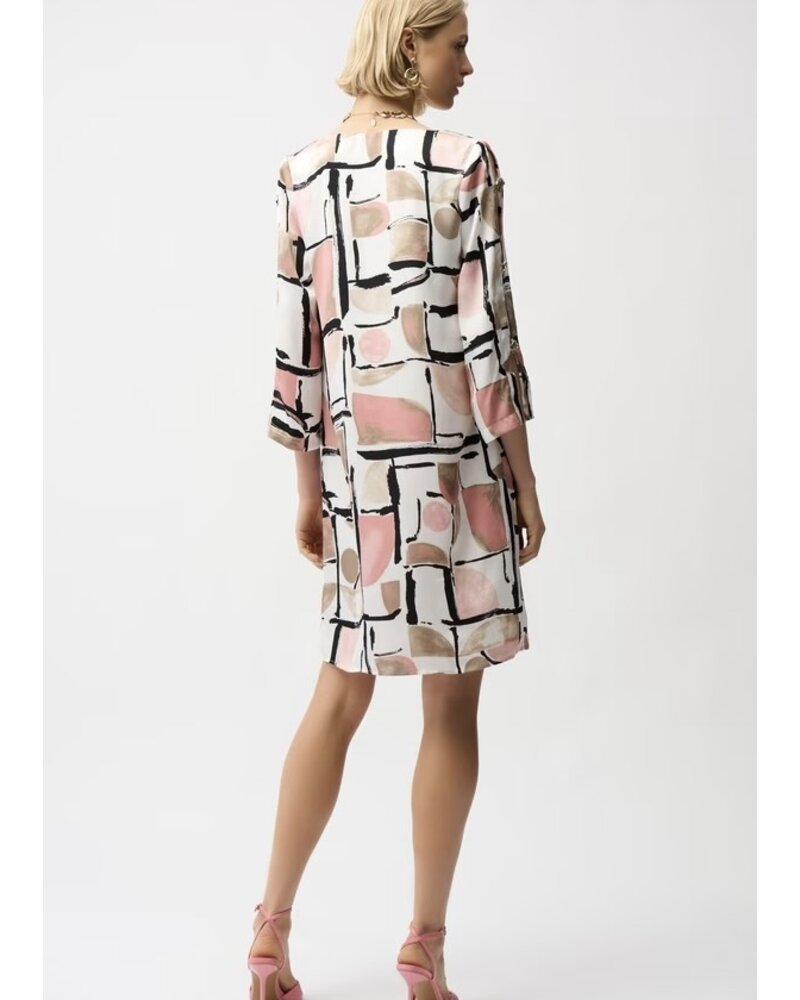 JOSEPH RIBKOFF Satin Abstract Print Trapeze Dress w/Gold Detail