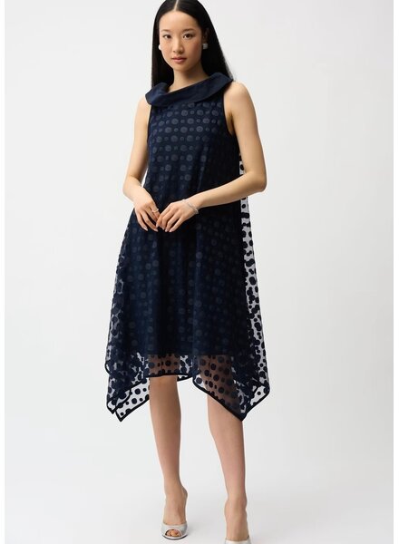JOSEPH RIBKOFF Dot Embroidered Mesh Handkerchief Dress w/ Cowl Collar