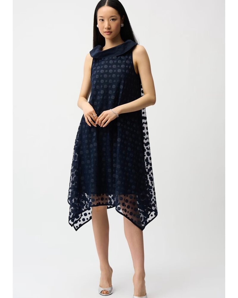 JOSEPH RIBKOFF Dot Embroidered Mesh Handkerchief Dress w/ Cowl Collar