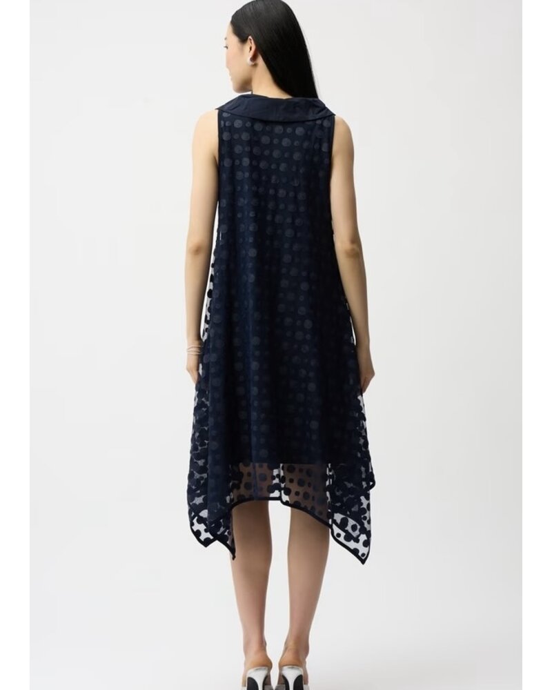 JOSEPH RIBKOFF Dot Embroidered Mesh Handkerchief Dress w/ Cowl Collar