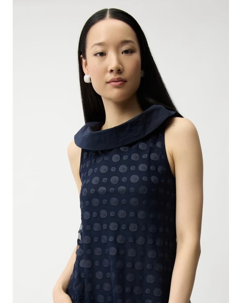 JOSEPH RIBKOFF Dot Embroidered Mesh Handkerchief Dress w/ Cowl Collar