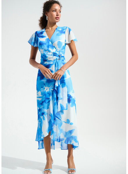 JOSEPH RIBKOFF Chiffon Printed Wrap Dress w/Ruffle Detail