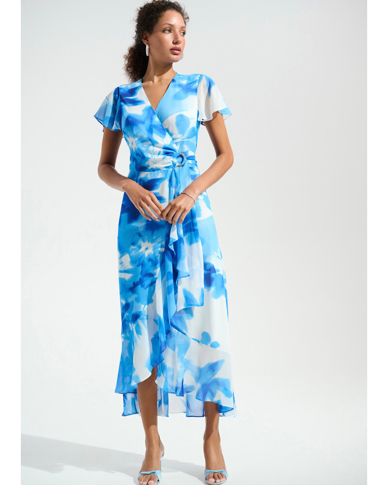 JOSEPH RIBKOFF Chiffon Printed Wrap Dress w/Ruffle Detail