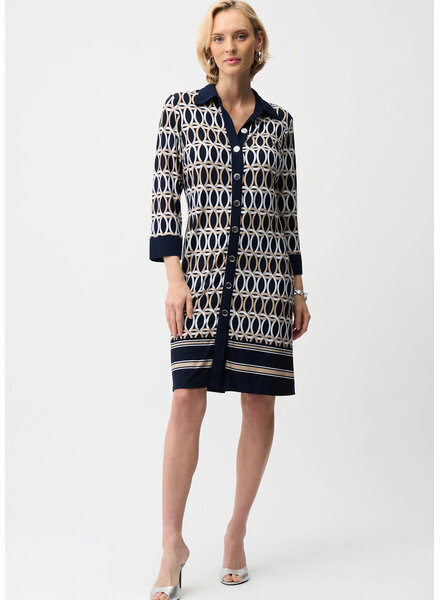 JOSEPH RIBKOFF Silky Knit Geometric Print A-Line Shirt Dress