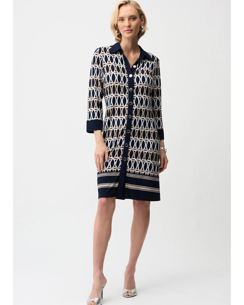 JOSEPH RIBKOFF Silky Knit Geometric Print A-Line Shirt Dress
