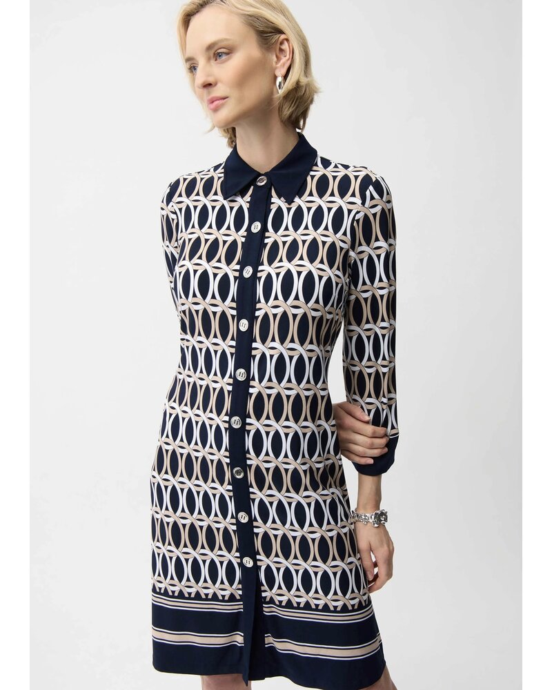 JOSEPH RIBKOFF Silky Knit Geometric Print A-Line Shirt Dress