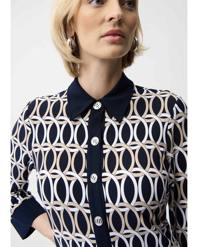 JOSEPH RIBKOFF Silky Knit Geometric Print A-Line Shirt Dress