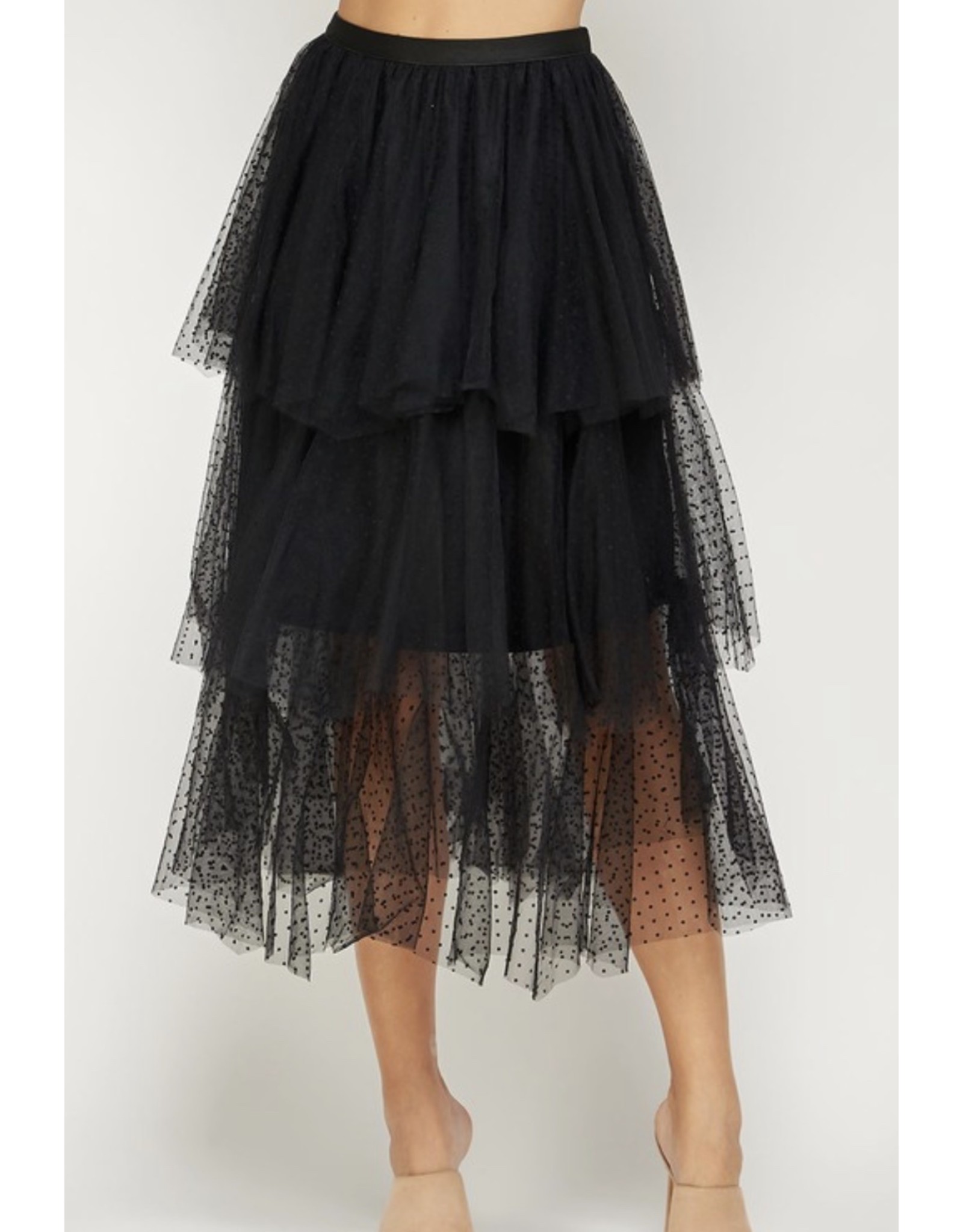 Tiered Polka Dot Tulle Skirt - Black