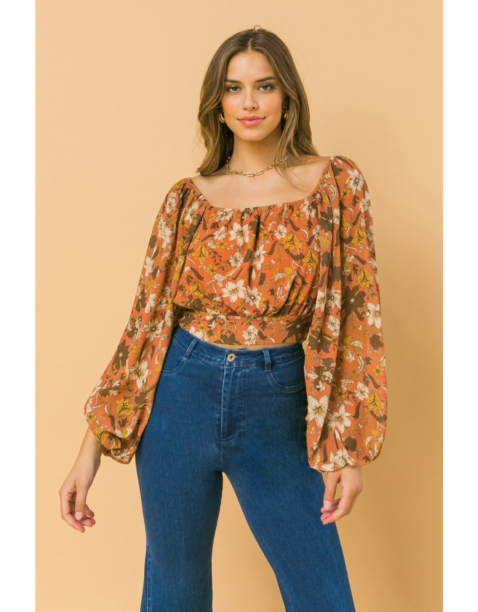 Bubble Sleeves Floral Off Shoulders Top - Rust