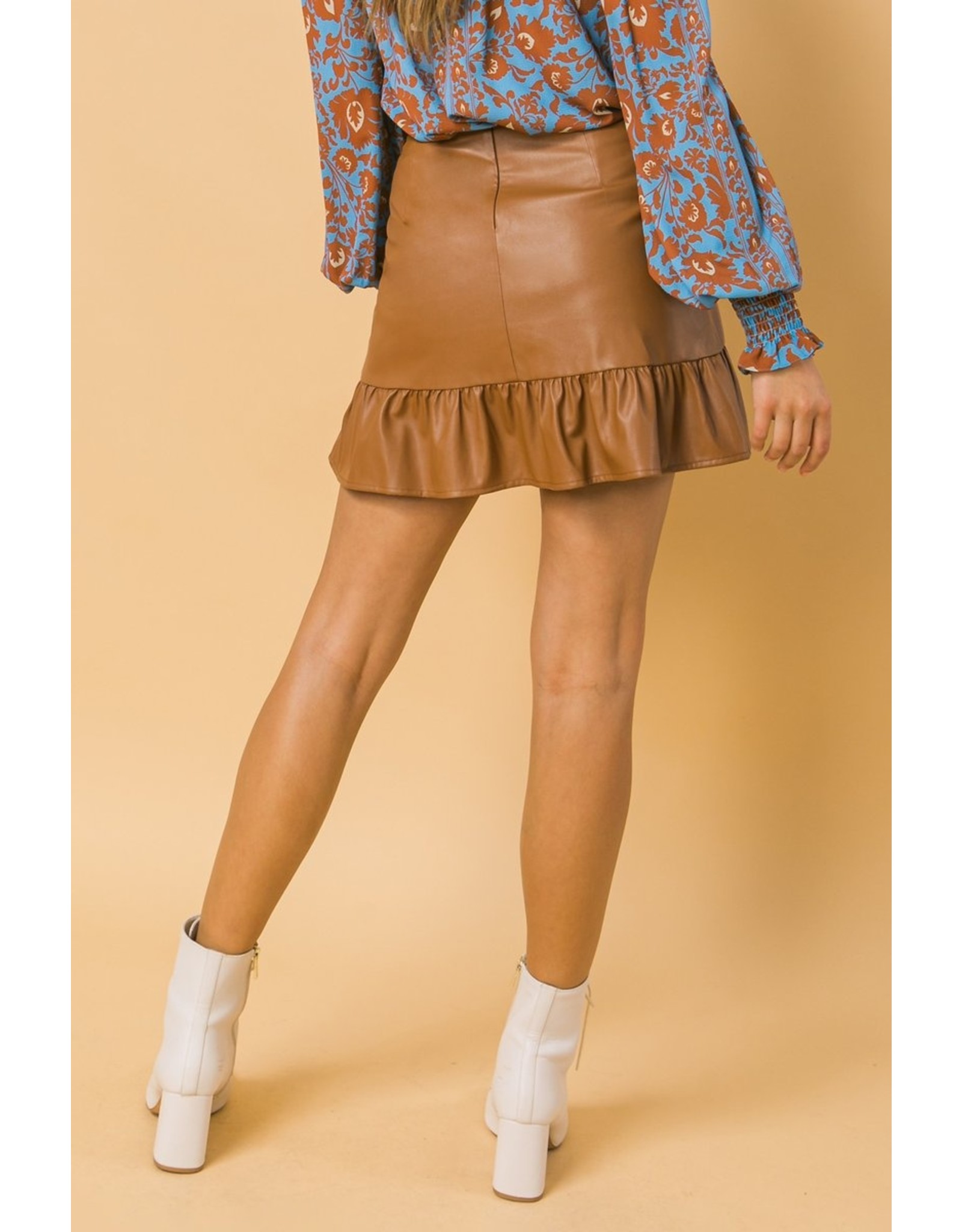 Ruffle Hem Pleather Skirt - Brown