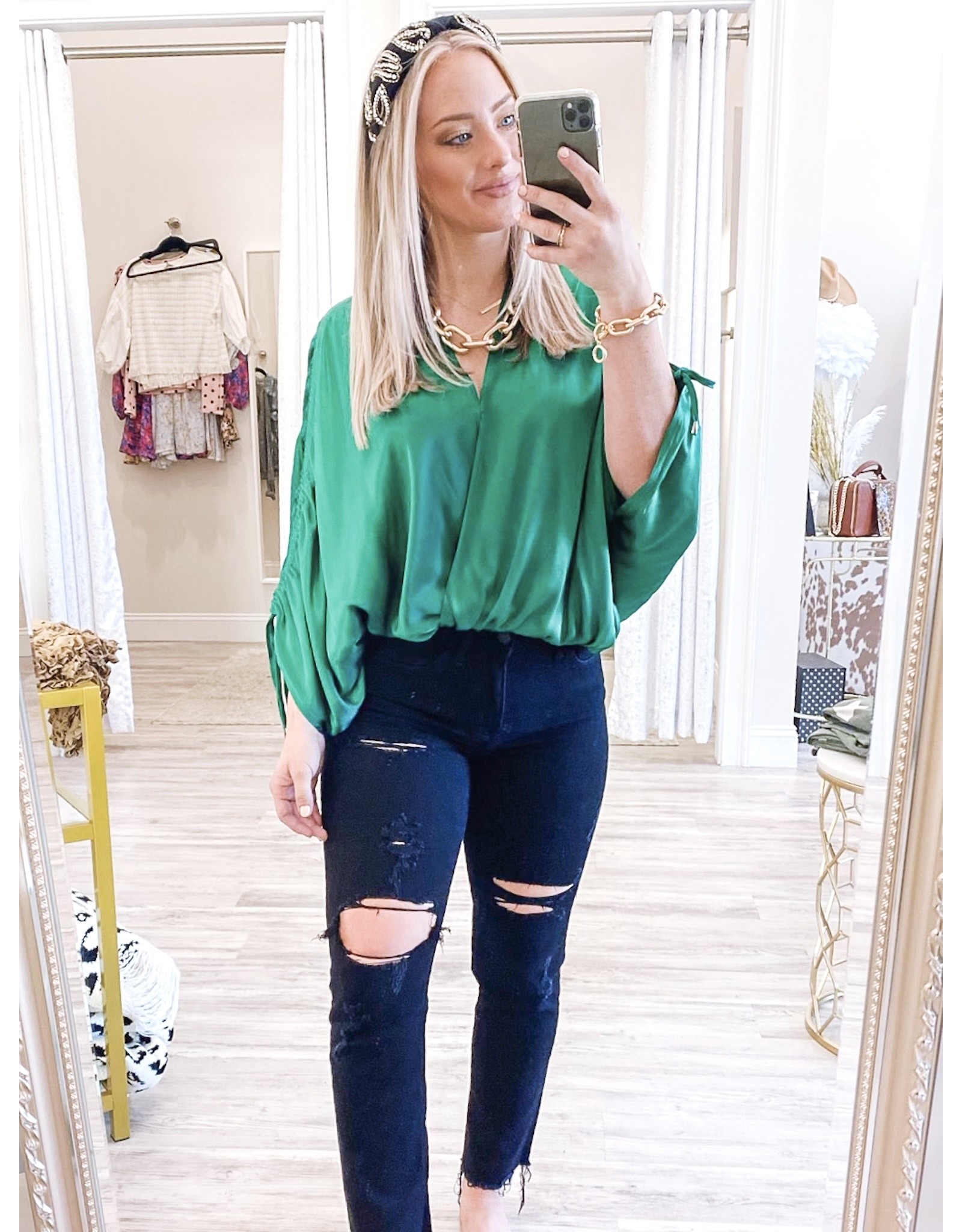 Ruched Sleeves Open Back Top - Green