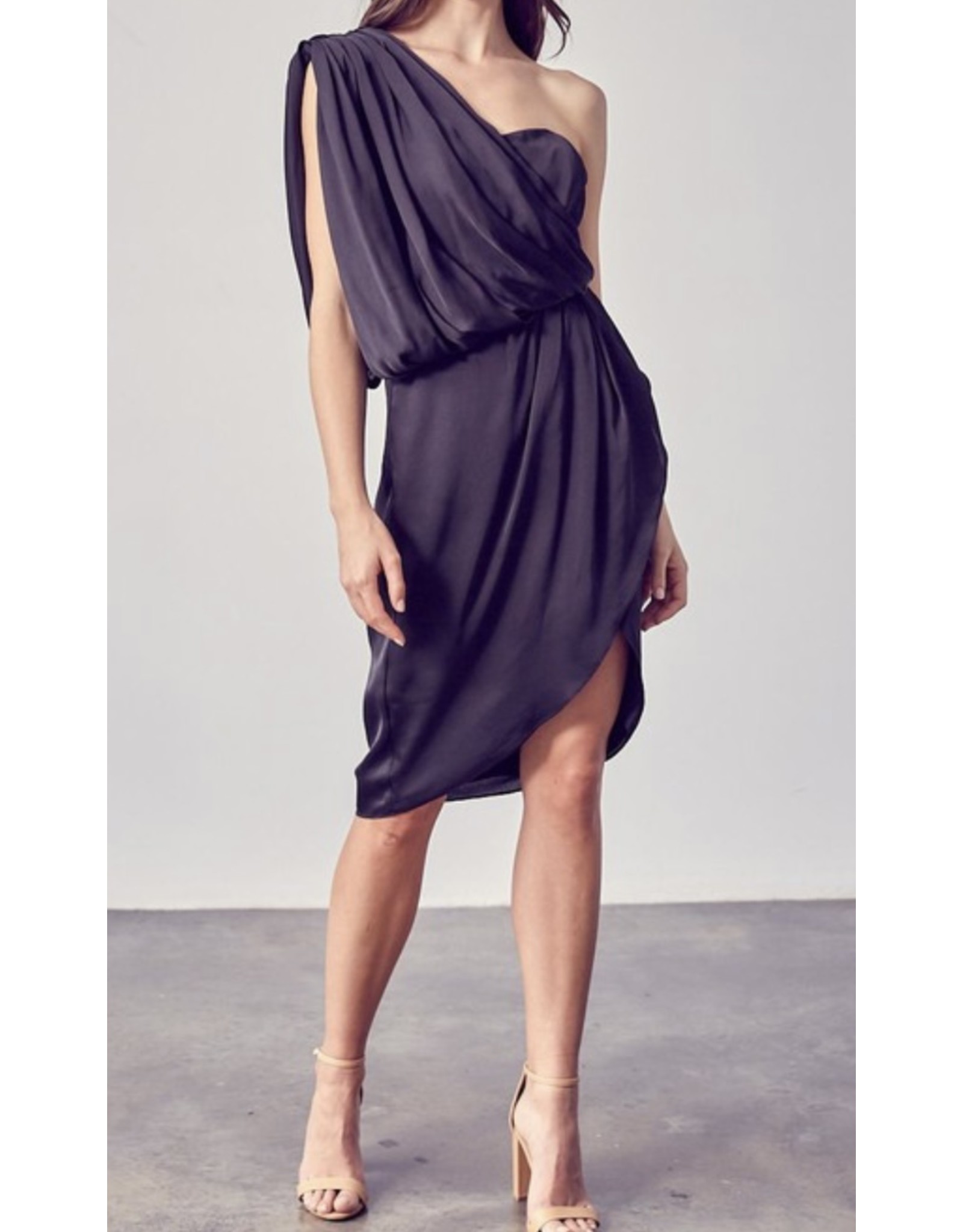 Asymmetrical Draped Midi Dress - Black