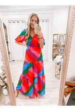 Puff Sleeves Patterned Stripes Maxi Dress - Rainbow