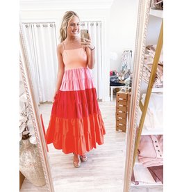 Color Block Spaghetti  Maxi Dress - Pink/Red/Orange