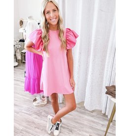 Ruffle Sleeves Cotton Dress - Pink