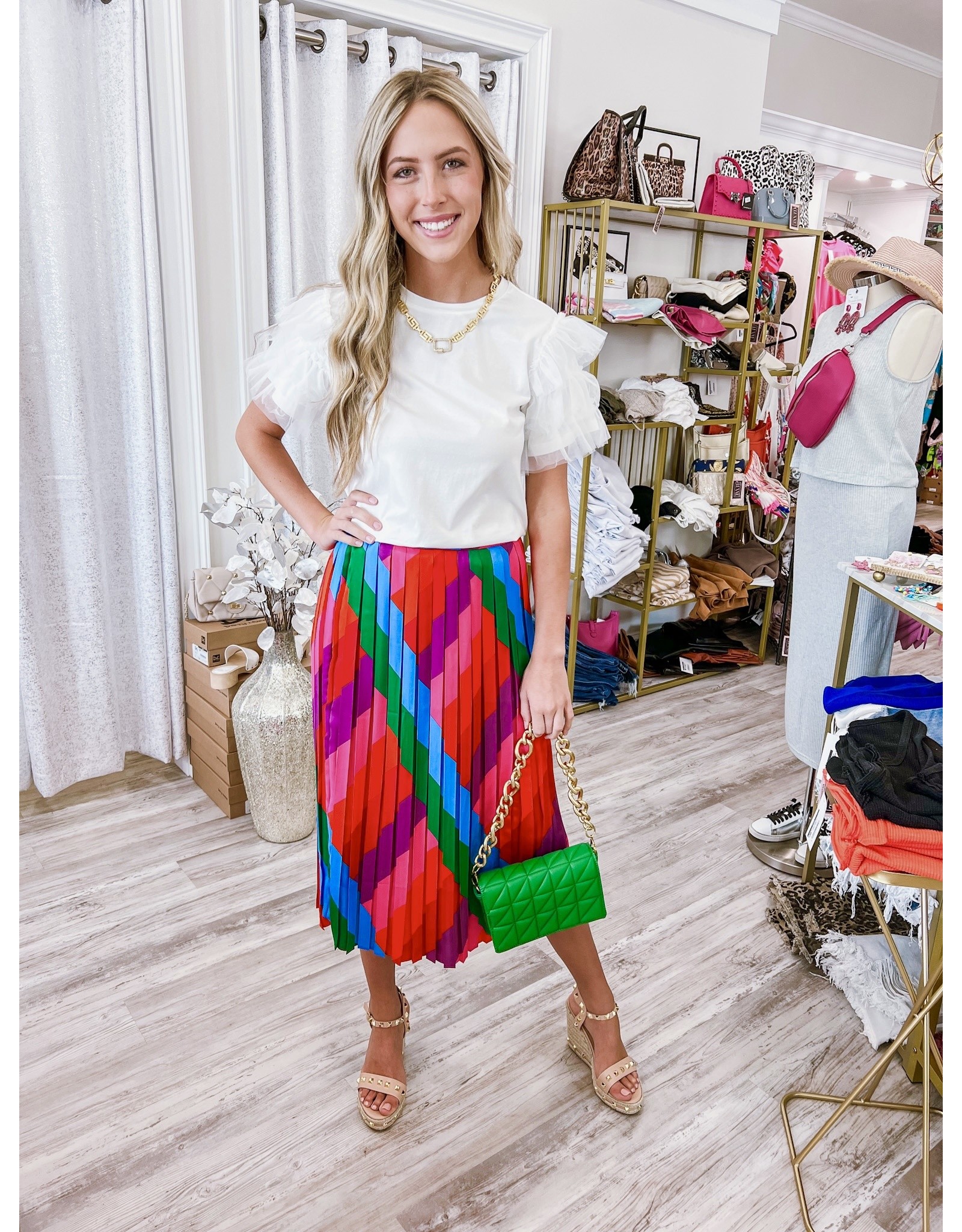 Multi Striped Pleated Midi Skirt - Rainbow