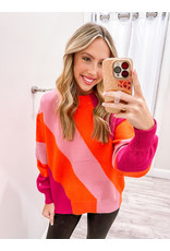 Color Block Balloon Sleeves Sweater - Pink/Orange
