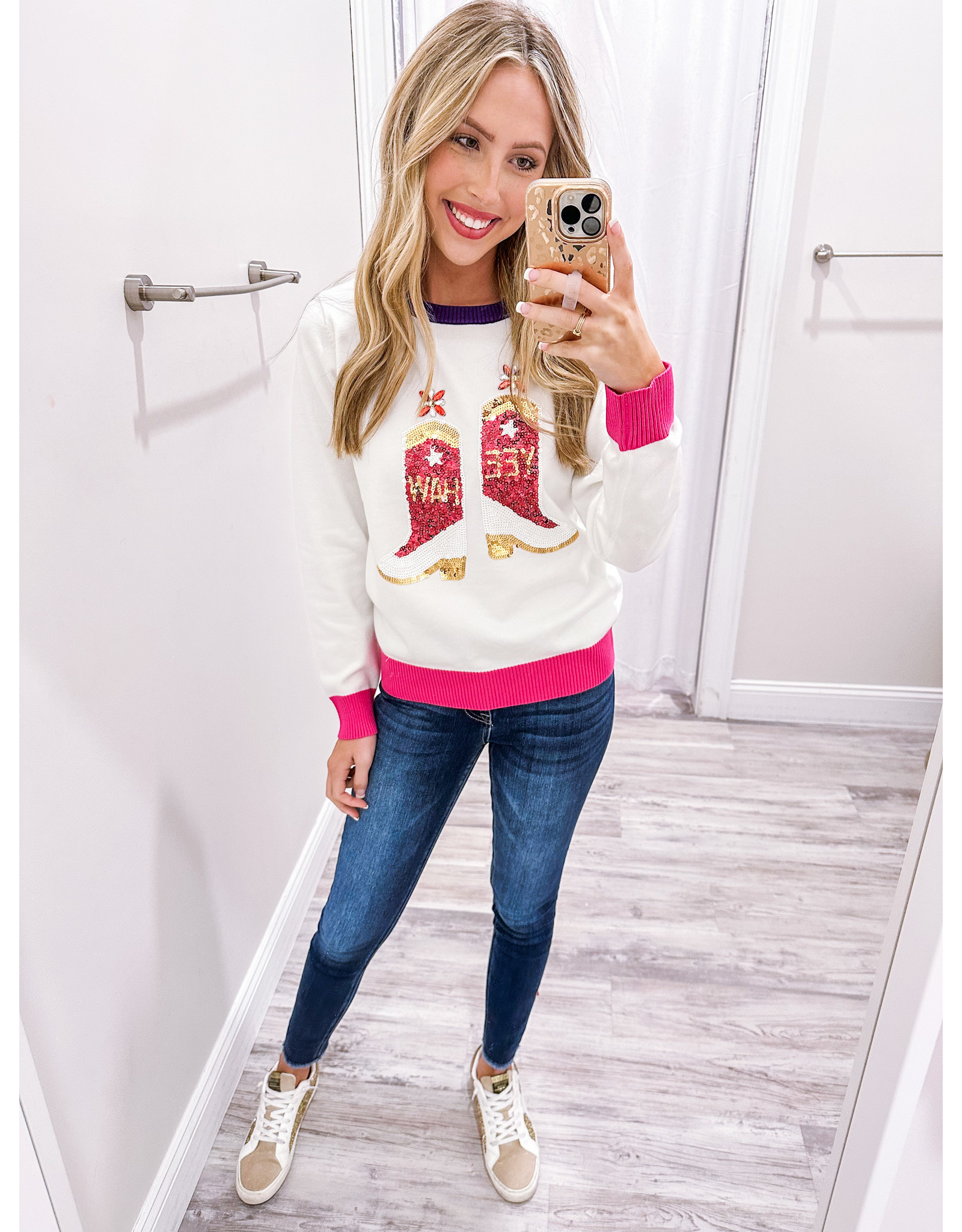Why Dress Sequin Cowboy Boots Sweater Top - White