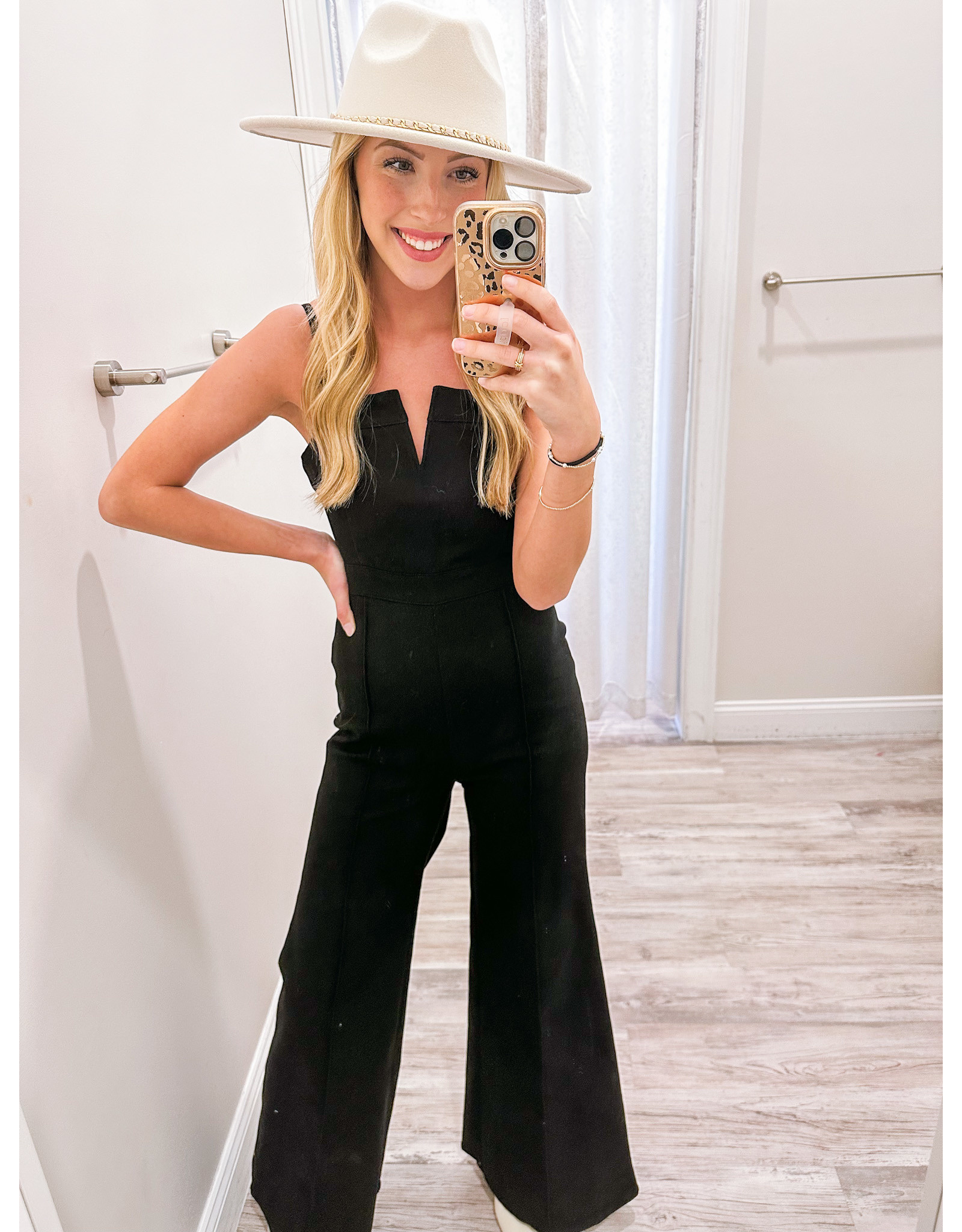 V Cut Denim Jumpsuit - Black