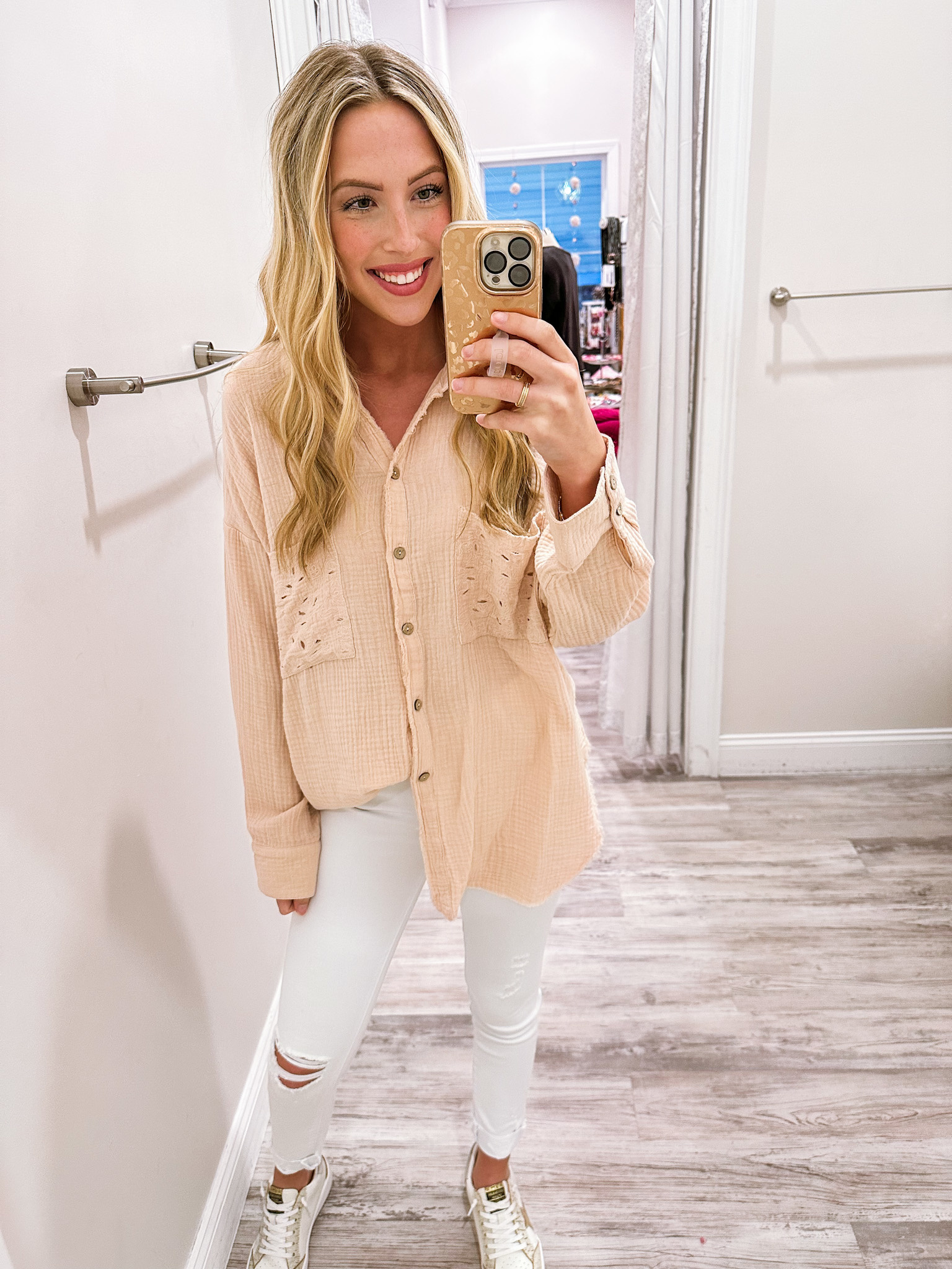Washed Gauze Eyelet Button Down Shirt - Nude - LUXXE Boutique