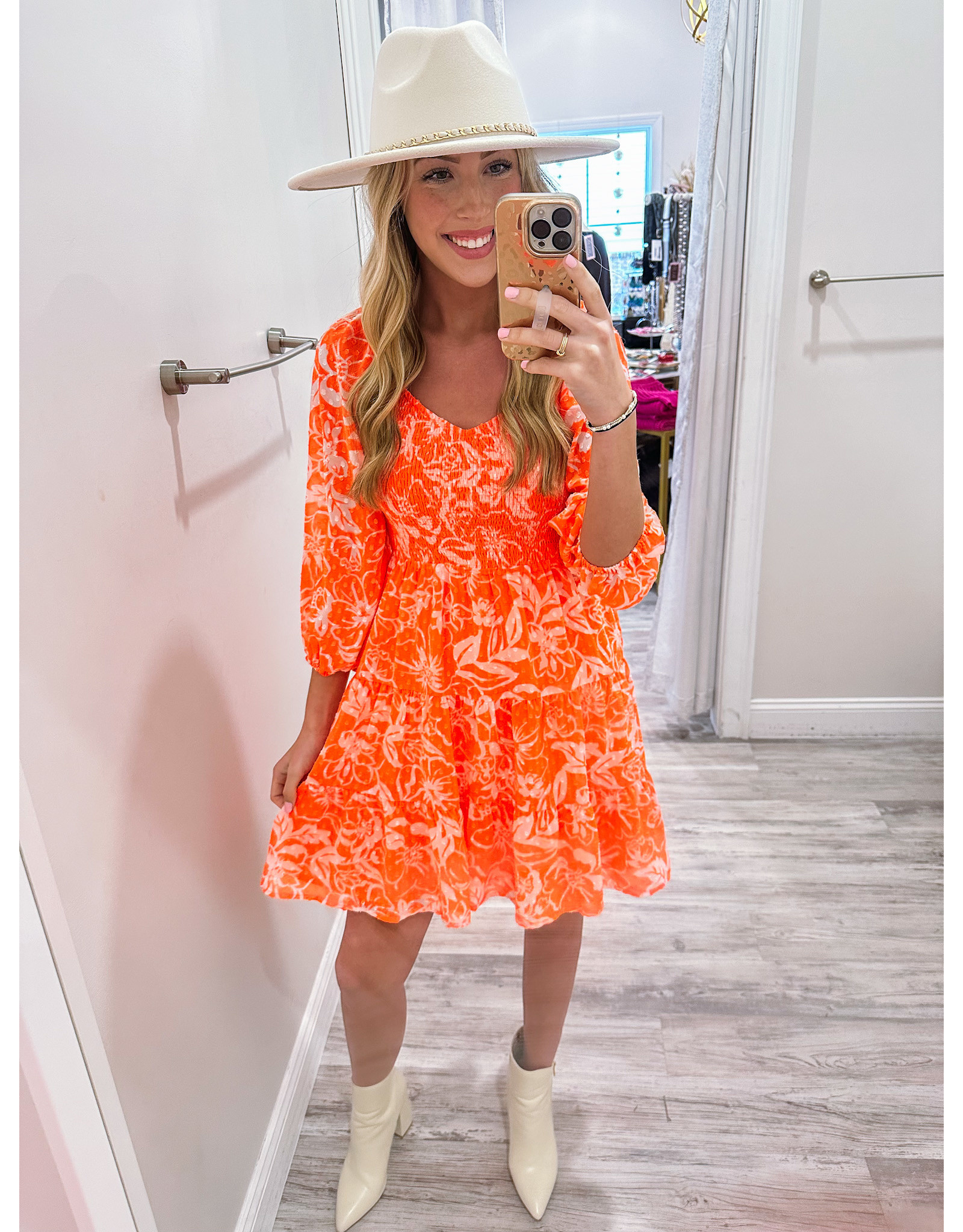 Smocked Bodice Floral Dress - Neon Tangerine