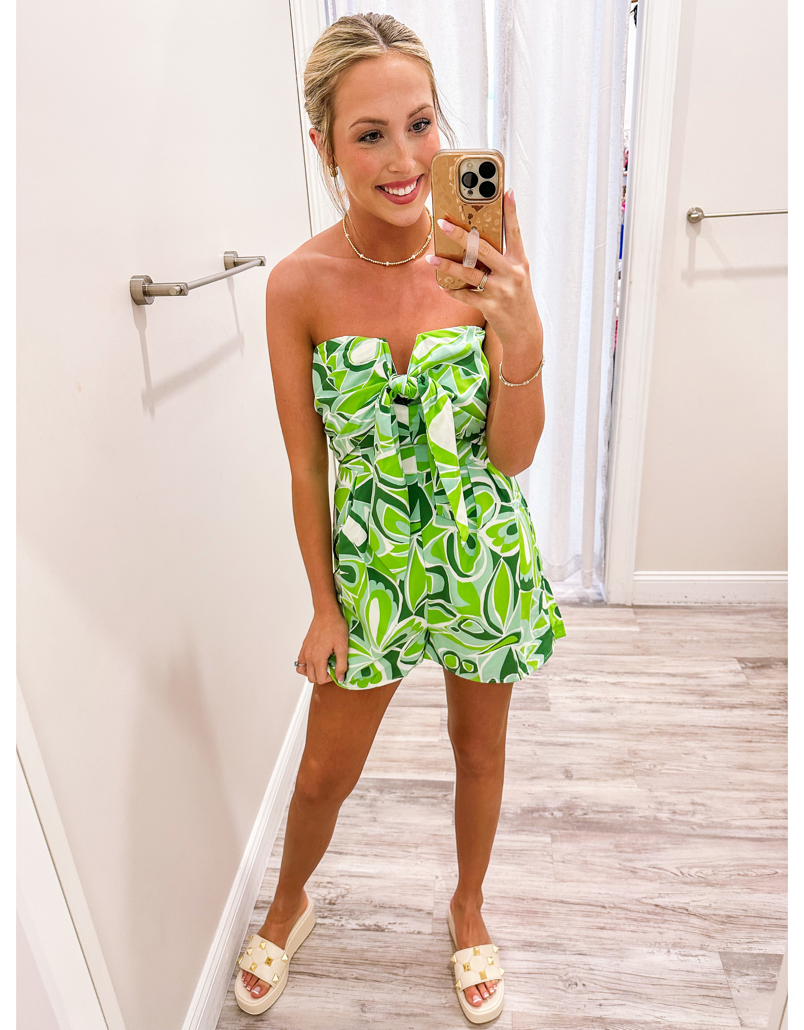 Abstract Tie Front Romper - Green