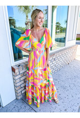 Abstract Flutter Sleeves Maxi Dress -Orange