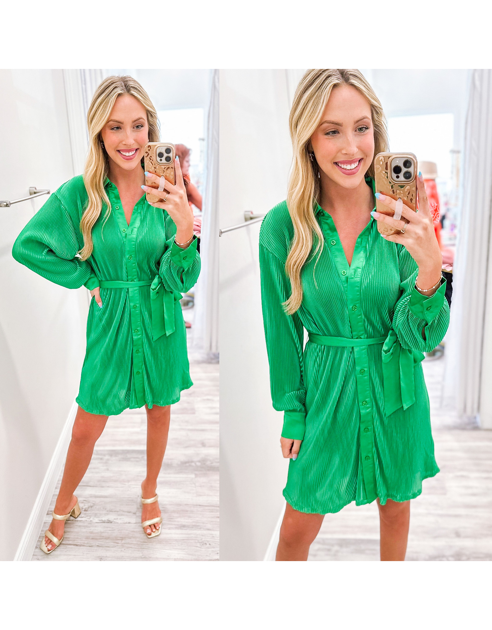 Pleated Button Down Dress - Green