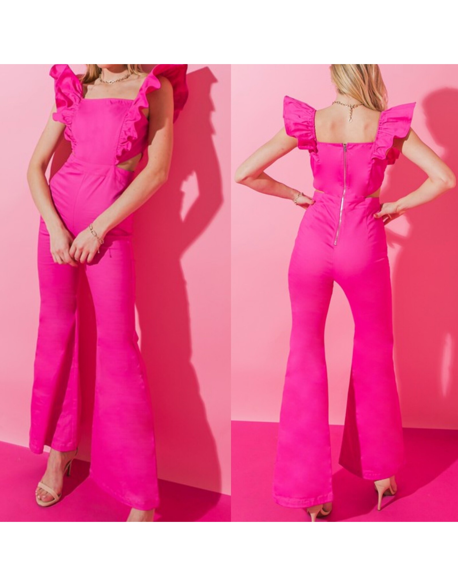 Cut Out Sides Denim Jumpsuit - Pink