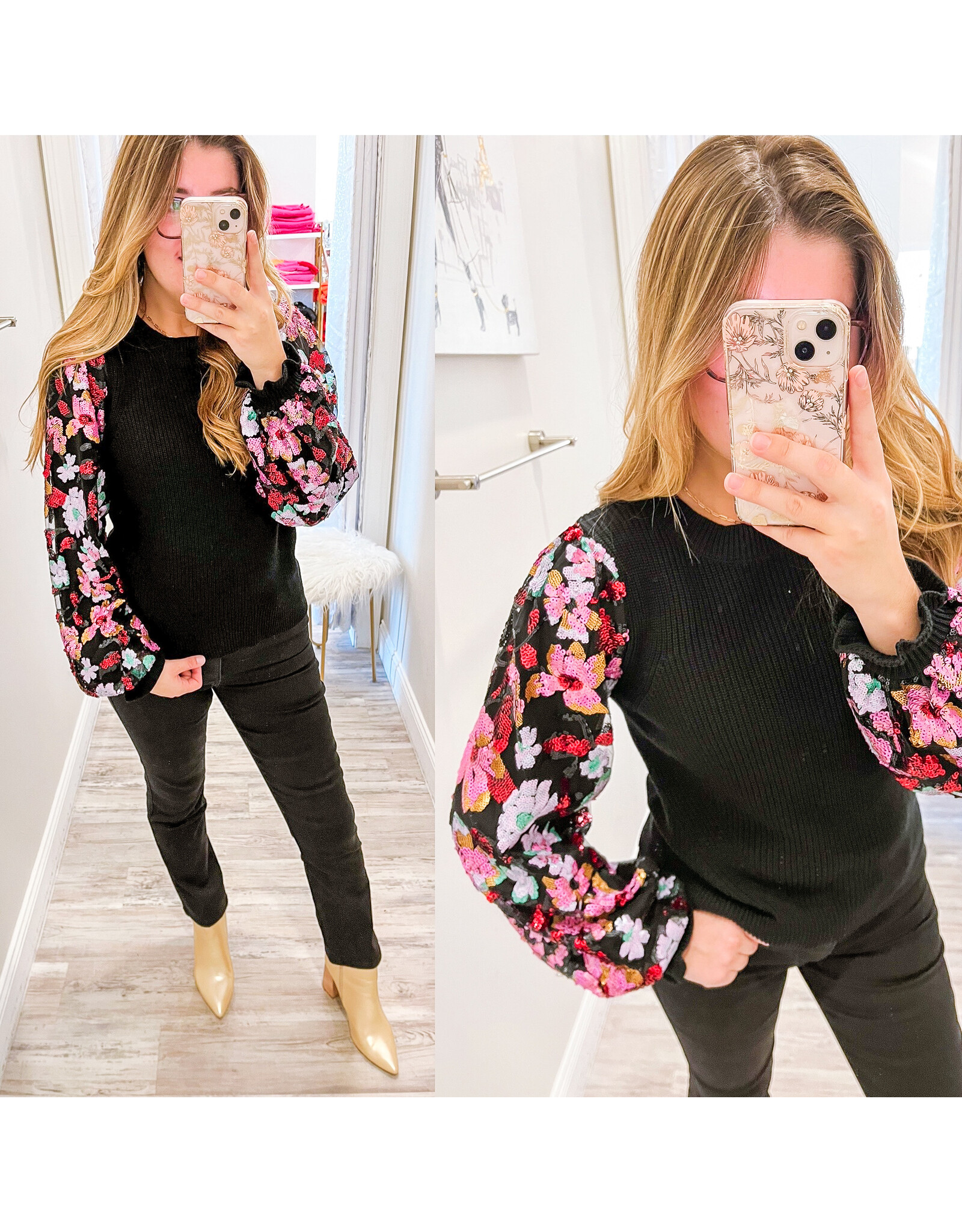 Apt. 9 Gray Black Sequin Floral Sequin Embellished Pullover