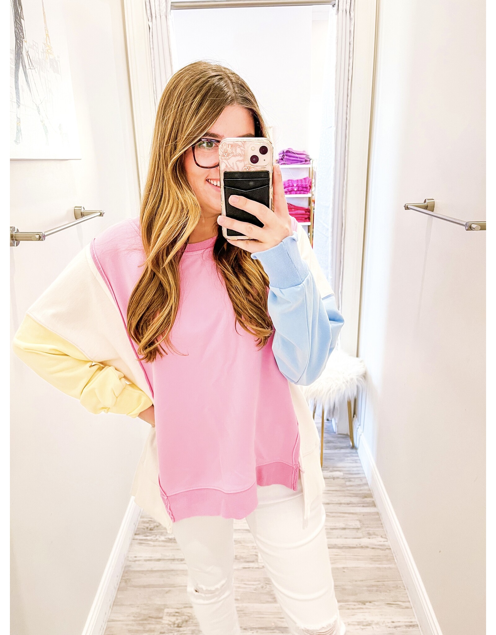 Side Slit Color Block Sweatshirt - Pink/Blue