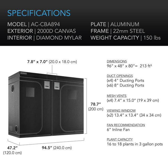 CLOUDLAB 894, Advance Grow Tent 8x4, 2000D Diamond Mylar Canvas, 96" x 48" x 80"