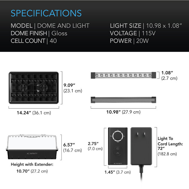 Humidity Dome, Germination Kit with LED Grow Light Bars, 5x8 Cell Tray