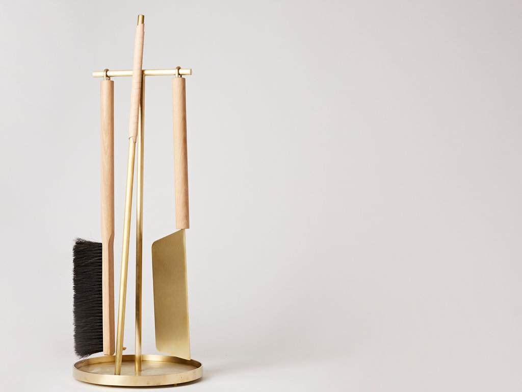 Fire Tools by Thom Fougere for Mjolk brass, oak and natural leather - Mjölk