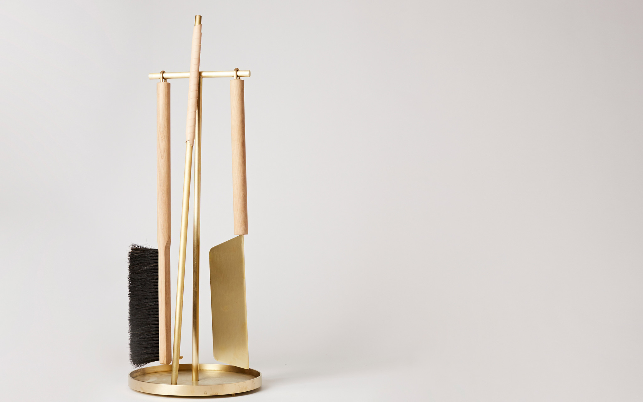 Fire Tools by Thom Fougere for Mjolk brass, oak and natural