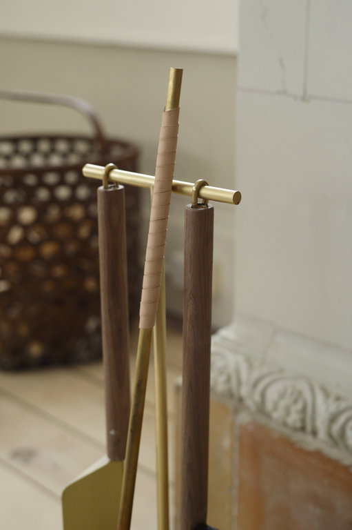 Thom Fougere for Mjölk Fire Tools by Thom Fougere for Mjolk brass, oak and natural leather